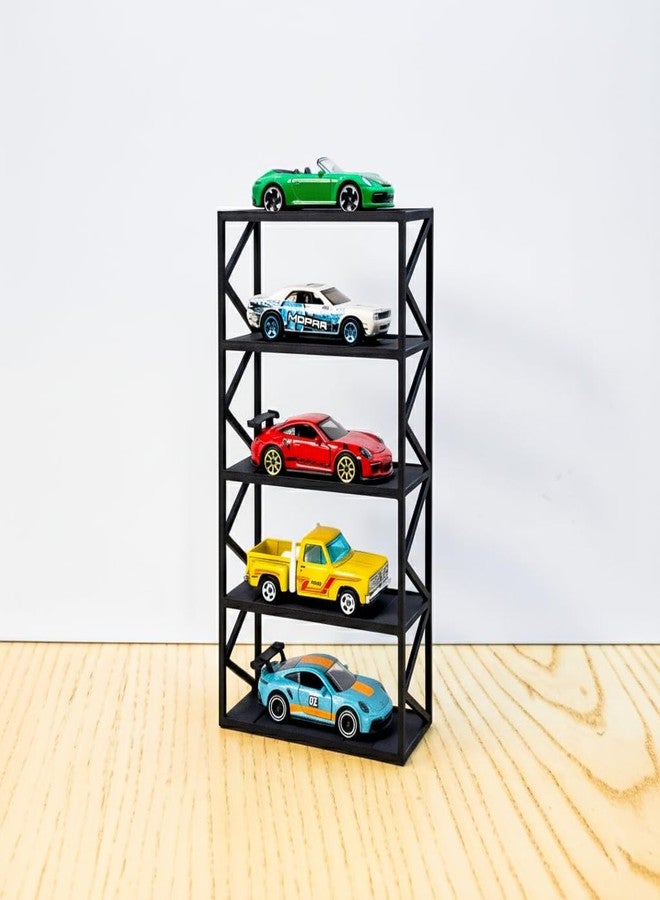 Garage64 رف عرض سيارات Garage64 لخمس سيارات - منظم سطح طاولة فاخر باللون الأسود غير اللامع مع فتحات للإطارات وواقيات جانبية لسيارات مصبوبة بمقياس 1:64 (Hot Wheels، Matchbox، Tomica، Greenlight) - Image 1