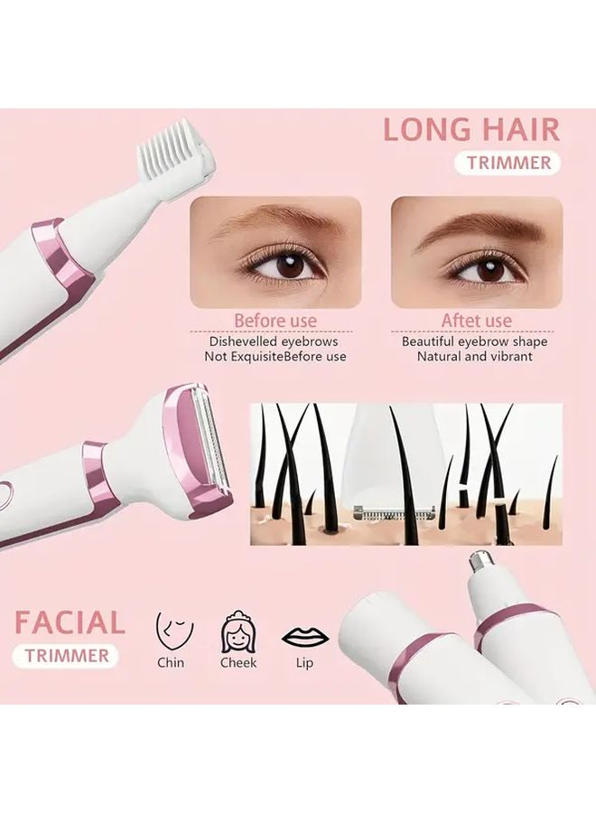 مجموعة إزالة الشعر النسائية 4 في 1 بيضاء: مزيل شعر قابل للشحن عبر USB للوجه والساقين والبيكيني والحواجب، تصميم متعدد الوظائف محمول بمقبض مريح، وبطارية ليثيوم. - Image 5