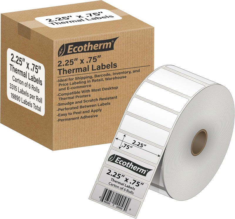 Ecotherm 2.25" x .75" Thermal Labels | 6 Rolls | 19890 Labels | fits Zebra, Munbyn, Rollo, Godex, Arkscan, iDPRT, Offnova Thermal Label Printers and More | Blank White Adhesive Stickers by - Image 1