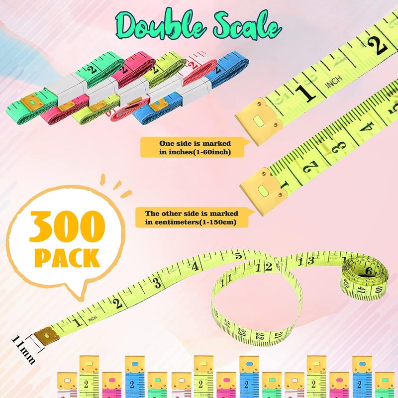 Macarrie 300 قطعة شريط قياس ناعم بالجملة مقياس مزدوج 150 سم 60 بوصة شريط قياس قماش لقياس الجسم لفقدان الوزن مسطرة ناعمة للخياطة ولوازم الحرف اليدوية بألوان متعددة عشوائية - Image 2