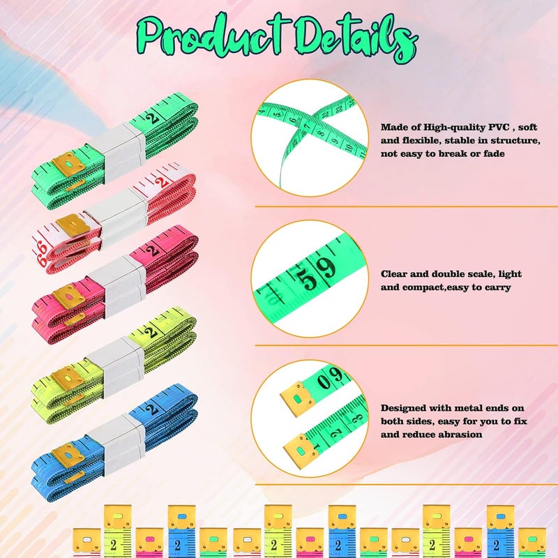 Macarrie 300 قطعة شريط قياس ناعم بالجملة مقياس مزدوج 150 سم 60 بوصة شريط قياس قماش لقياس الجسم لفقدان الوزن مسطرة ناعمة للخياطة ولوازم الحرف اليدوية بألوان متعددة عشوائية - Image 3