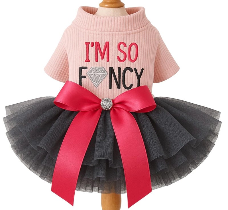 KUTKUT Fancy Tutu Small Dog Cat Girl Dress - Pink Top with I m so Fancy Print, Mesh Skirt & Red Bow, Puppy Girl Party Outfit Cat Dress, Pet Clothing for Pug, Cavalier King etc(Size: XL, Chest: 50cm) - Image 2