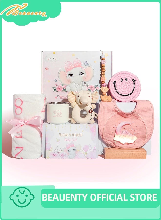 Beauenty Baby Gifts,Baby Shower Gifts for Girls Boys,New Born Baby Girls Gift,Babies Gift Basket,Unique Baby Gift Essential,Gender Reveal Gifts,Rattle Swaddle Blanket Toddler Gifts (pink) - Image 1