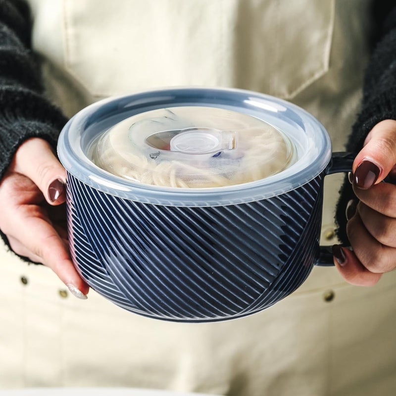 Adewnest Oversized Soup Bowl with Handle 38 oz Ceramic Soup Mug with Lid  Microwave Safe Jumbo Food Storage Container for Ramen Cereal Breakfast Meal Prep Office Lunch Dorm Living  Navy 6 Inch - Image 4