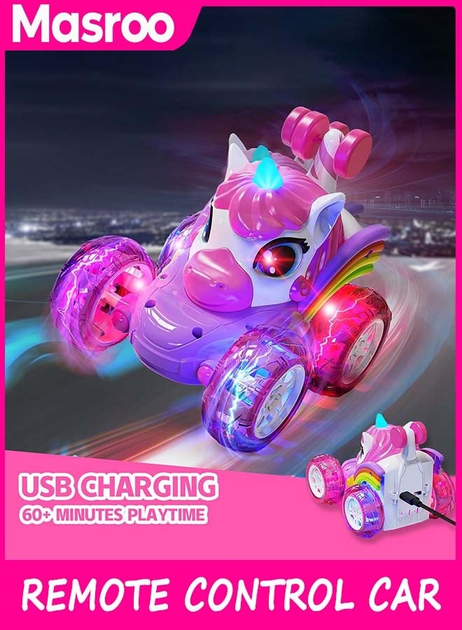 Masroo Remote Control Car RC Stunt Cars for Girl 360°Stunt Rotation 4WD Remote Cars for Kids 3-6 Double Sided RC Car with LED Lights,2.4GHz Electric Toy Car,Birthday Gift for 3 4 5 6 Year Old Girl - Image 3