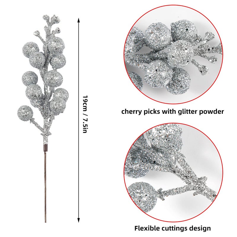 Crafare 24 Pack Silver Christmas Glitter Berries Stems Artificial Christmas Tree Picks for Holiday Ornaments DIY Xmas Crafts Wreath - Image 3