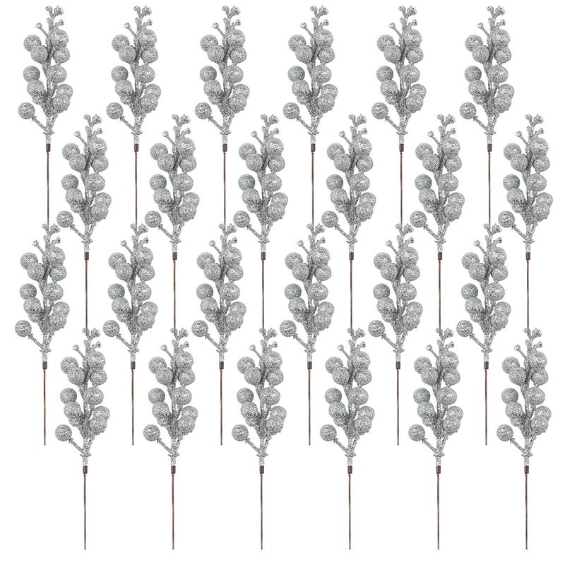 Crafare 24 Pack Silver Christmas Glitter Berries Stems Artificial Christmas Tree Picks for Holiday Ornaments DIY Xmas Crafts Wreath - Image 1