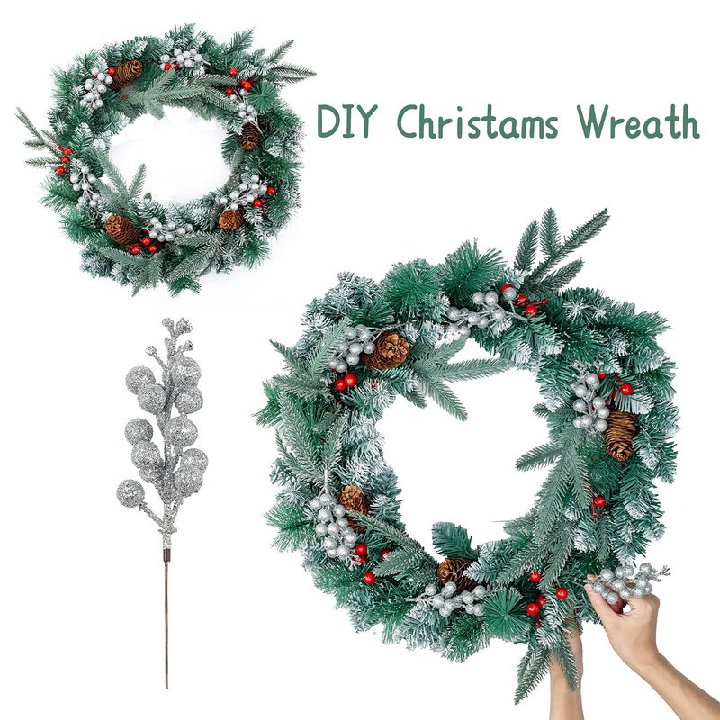 Crafare 24 Pack Silver Christmas Glitter Berries Stems Artificial Christmas Tree Picks for Holiday Ornaments DIY Xmas Crafts Wreath - Image 4