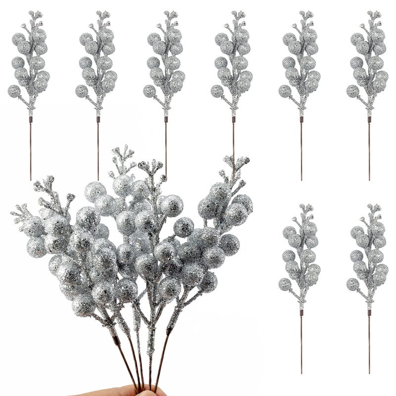 Crafare 24 Pack Silver Christmas Glitter Berries Stems Artificial Christmas Tree Picks for Holiday Ornaments DIY Xmas Crafts Wreath - Image 2