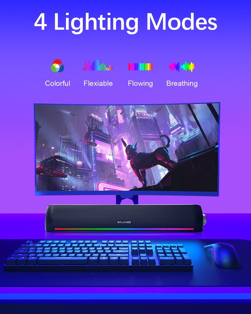 Nylavee Computer Speakers, Hi-Fi Sound Quality Computer Sound Bar, Bluetooth 5.0 & 3.5mm Wired PC Speakers with 4 Dynamic Lighting Modes, USB Powered Speakers for PC, Desktop, Laptops, Phones, Monitors, Xbox - Image 3