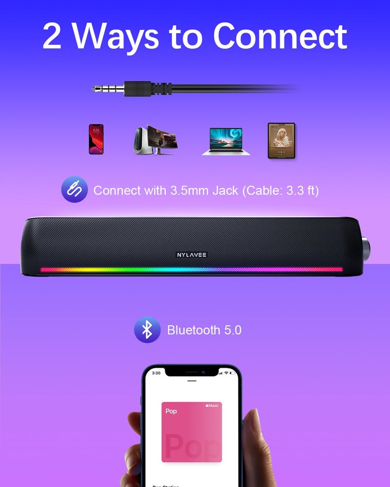 Nylavee Computer Speakers, Hi-Fi Sound Quality Computer Sound Bar, Bluetooth 5.0 & 3.5mm Wired PC Speakers with 4 Dynamic Lighting Modes, USB Powered Speakers for PC, Desktop, Laptops, Phones, Monitors, Xbox - Image 4