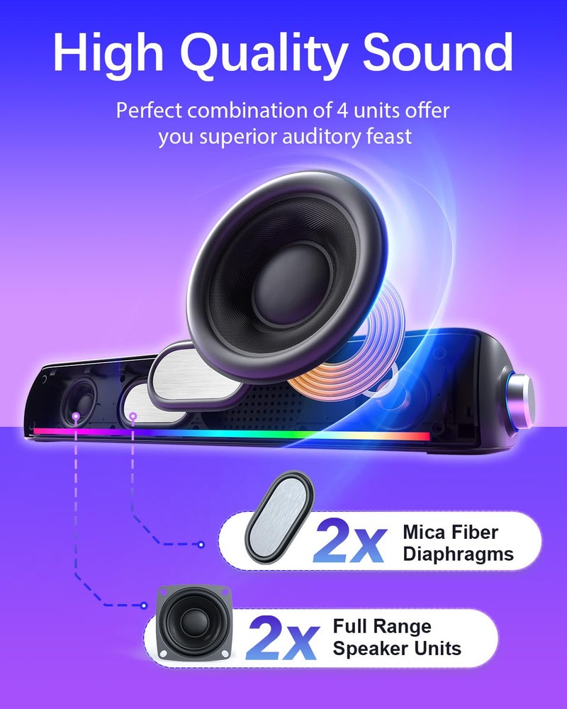 Nylavee Computer Speakers, Hi-Fi Sound Quality Computer Sound Bar, Bluetooth 5.0 & 3.5mm Wired PC Speakers with 4 Dynamic Lighting Modes, USB Powered Speakers for PC, Desktop, Laptops, Phones, Monitors, Xbox - Image 2