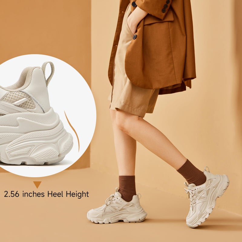 BEAU TODAY Chunky Sneakers for Women, Fashion Platform Sneakers Dad Shoes for Women, Casual Lace-up Walking Shoes Beige US 7 - Image 5