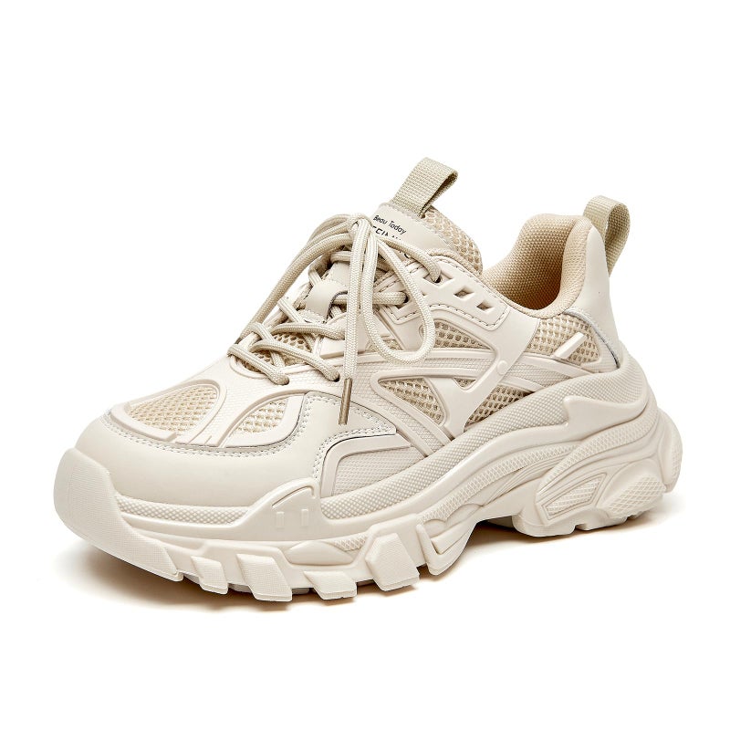 BEAU TODAY Chunky Sneakers for Women, Fashion Platform Sneakers Dad Shoes for Women, Casual Lace-up Walking Shoes Beige US 7 - Image 1