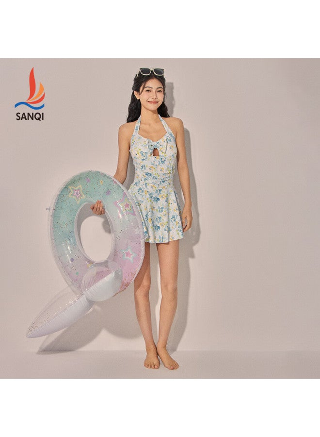 Sanqi Women's Swimsuit Style Covering Belly Slimming High-end Sense Skirt-style Halter Strap Bubble Hot Spring Seaside Swimwear Floral Print M - Image 2
