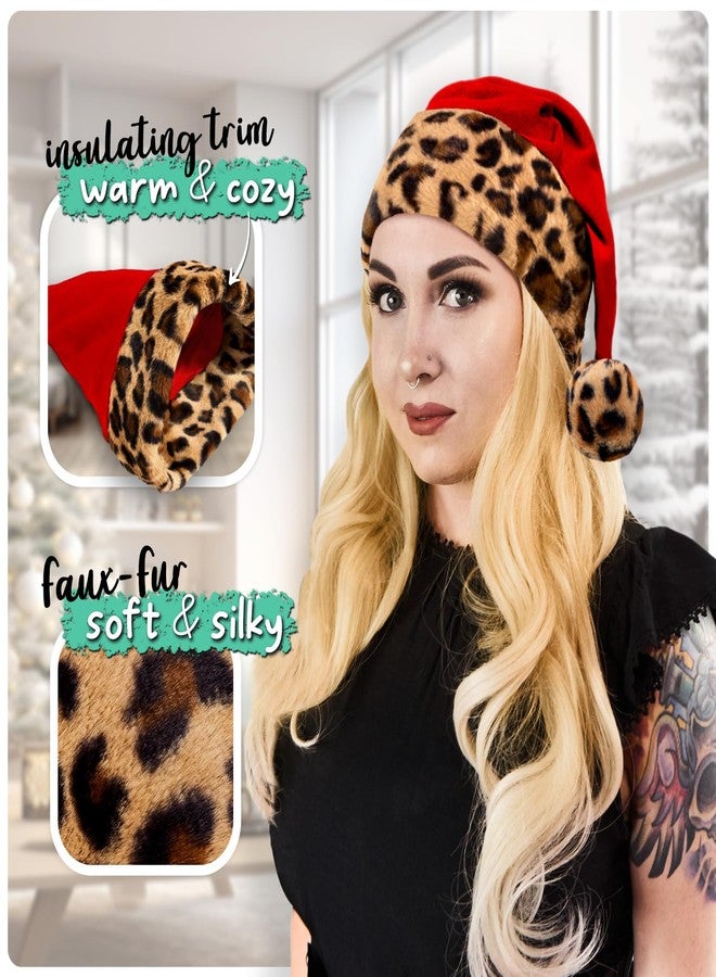 Hexonomy Red Velvet Santa Hat - Furry Leopard Print Trim, Faux Fur - Tan Brown Animal Cheetah Print, Fun Deluxe Christmas Accessory - Adult, 1 Size - Image 2