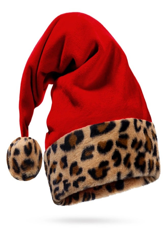 Hexonomy Red Velvet Santa Hat - Furry Leopard Print Trim, Faux Fur - Tan Brown Animal Cheetah Print, Fun Deluxe Christmas Accessory - Adult, 1 Size - Image 1
