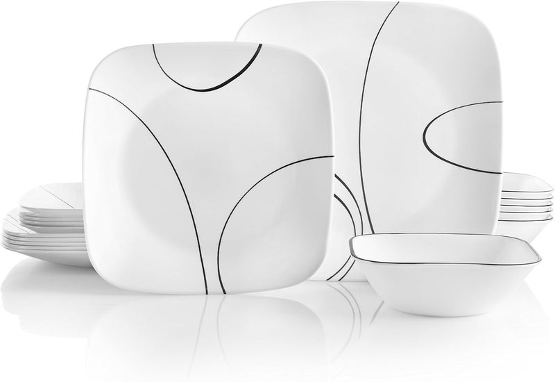Corelle طقم أدوات مائدة كوريل 18 قطعة لخدمة 6 أشخاص، أطباق وأوعية مربعة خفيفة الوزن مقاومة للكسر والزجاج ثلاثي الطبقات، خطوط بسيطة - Image 1