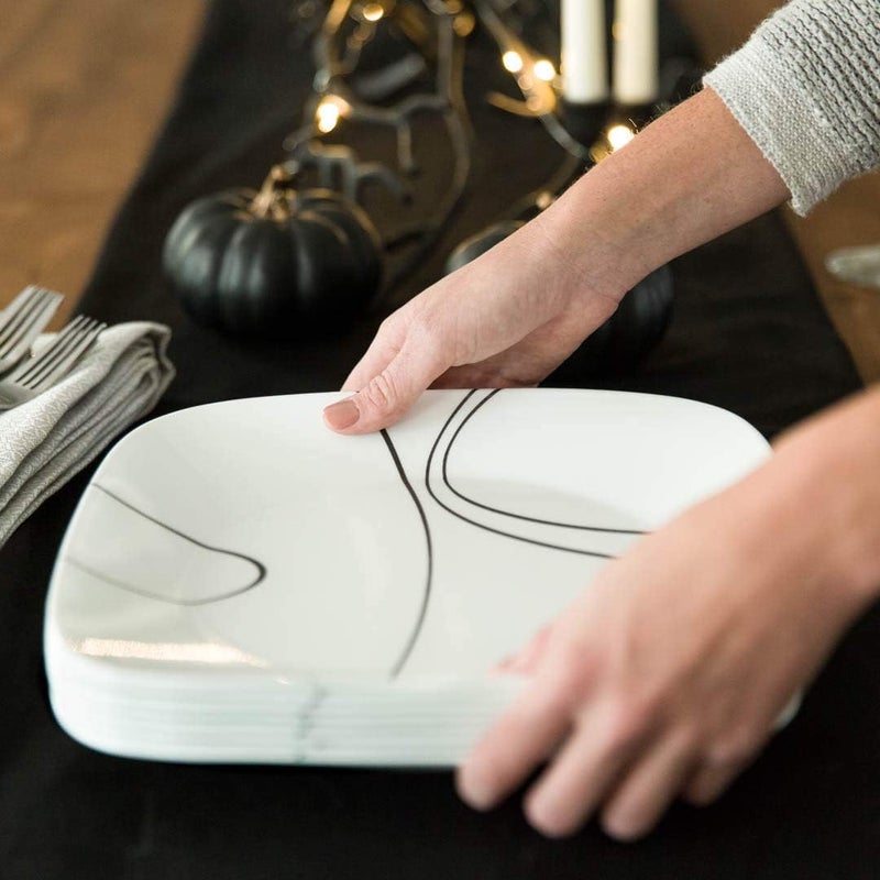 Corelle طقم أدوات مائدة كوريل 18 قطعة لخدمة 6 أشخاص، أطباق وأوعية مربعة خفيفة الوزن مقاومة للكسر والزجاج ثلاثي الطبقات، خطوط بسيطة - Image 4