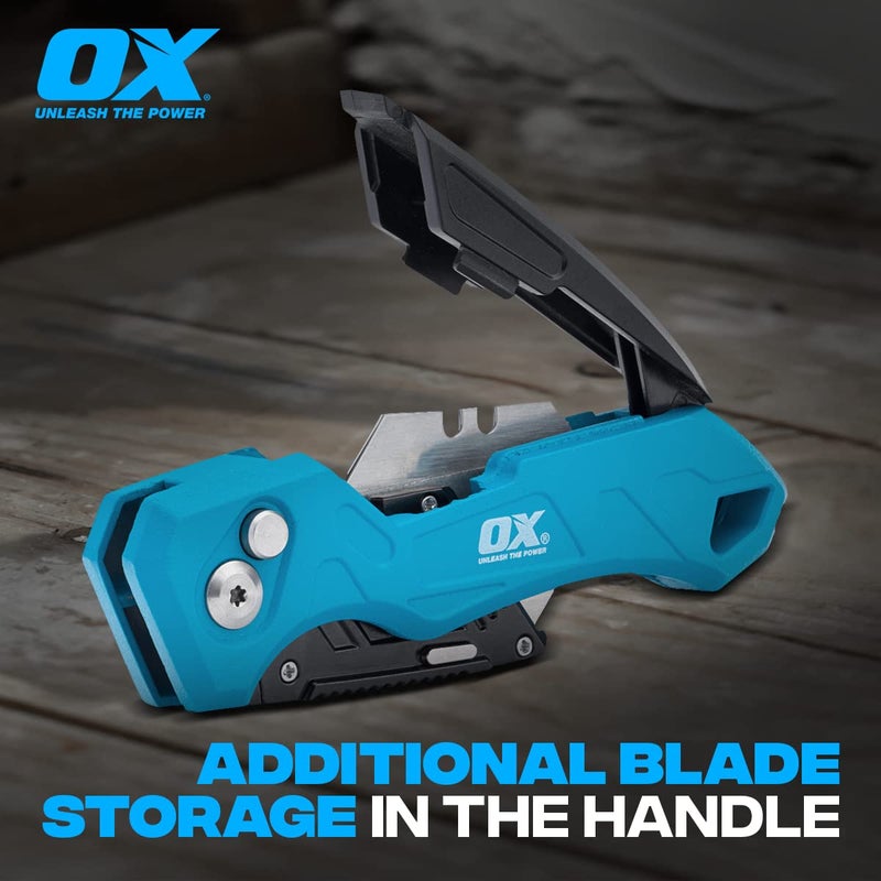 OX Tools Pro Heavy Duty Fixed Blade Folding Knife w/Easy Change Blade Button - Quick Fold Action Strong Construction with 3 Replacement Blades - Image 4
