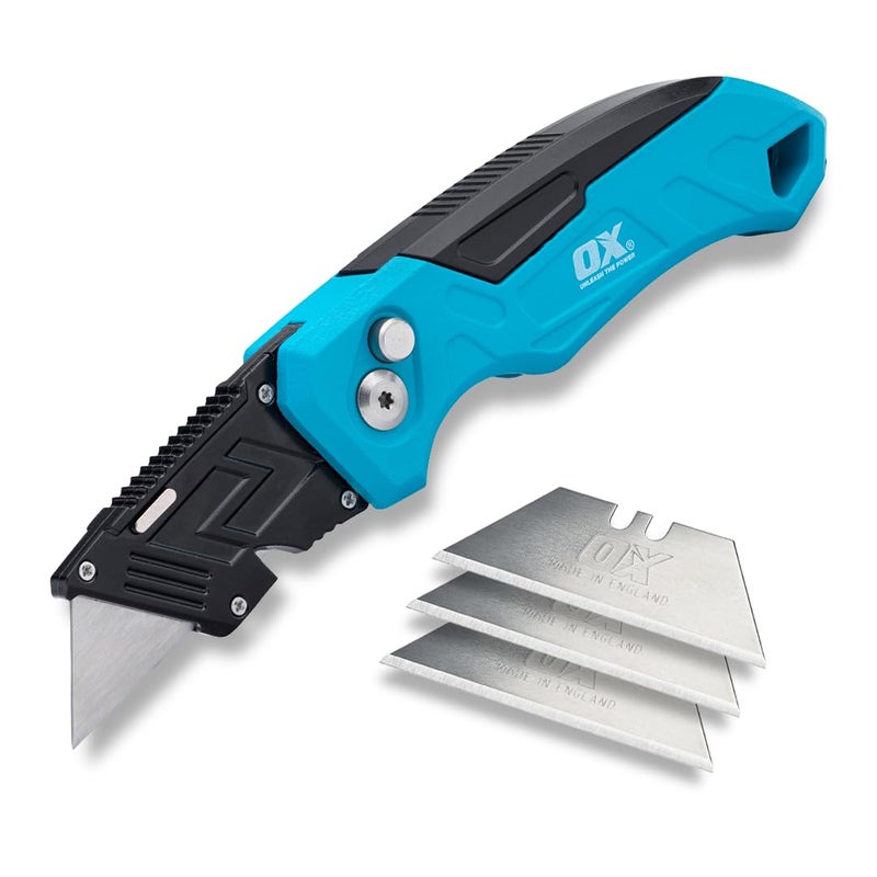 OX Tools Pro Heavy Duty Fixed Blade Folding Knife w/Easy Change Blade Button - Quick Fold Action Strong Construction with 3 Replacement Blades - Image 1