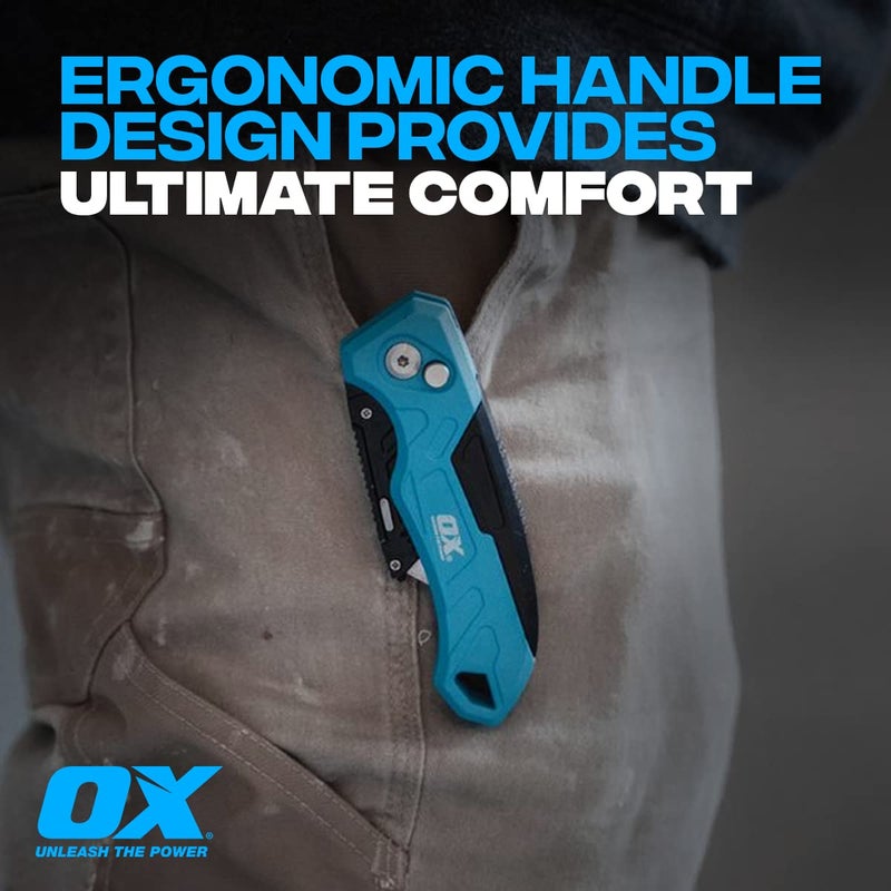 OX Tools Pro Heavy Duty Fixed Blade Folding Knife w/Easy Change Blade Button - Quick Fold Action Strong Construction with 3 Replacement Blades - Image 5