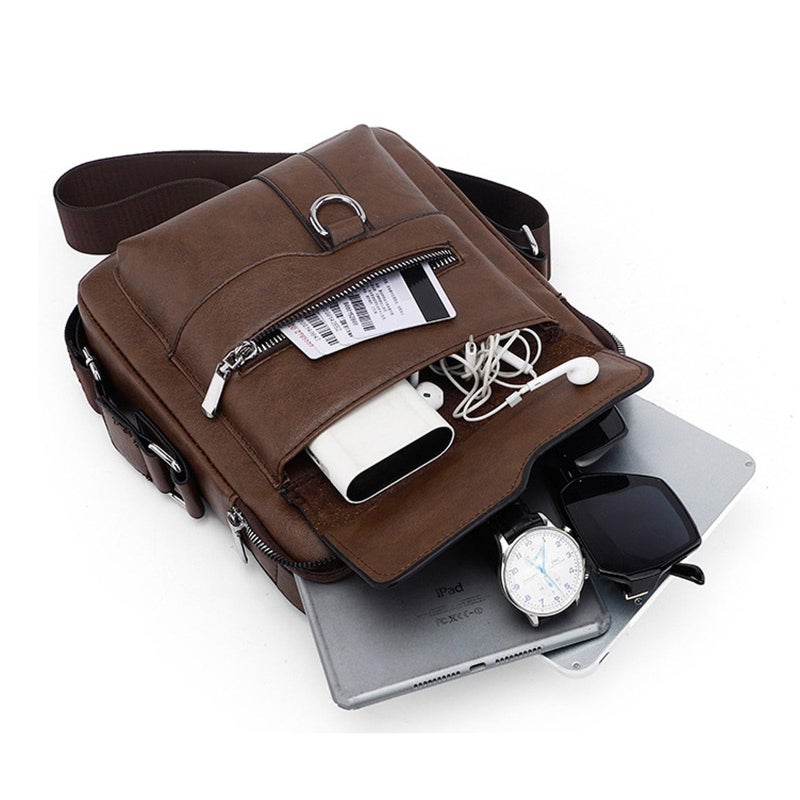 JINGTIANCD Small Crossbody Bag, Mens Shoulder Bag, Vintage leather Bag Office Business for Men, Handbag Purse Zipper (Brown) - Image 3