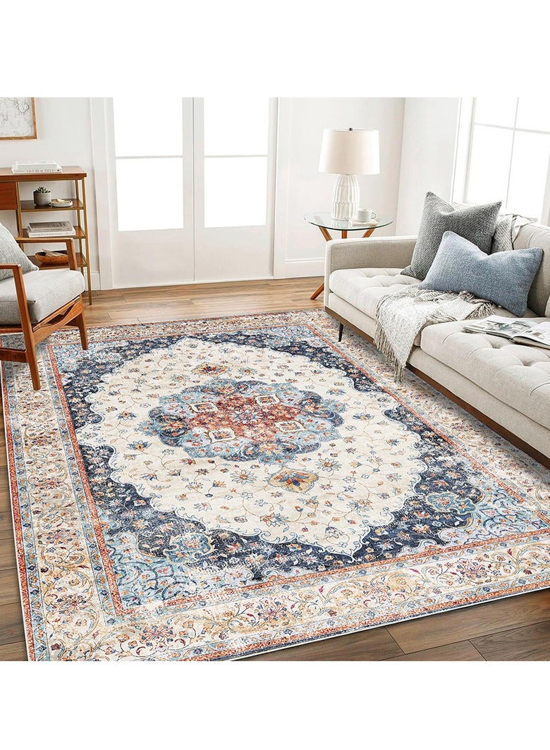 Persian Vintage Area Rug 90x150CM, Washable Non-Slip Carpet, Soft Imitation Cashmere Bedside Mat, Bohemian Low Pile Floor Cover for Living Room, Bedroom, Sofa, Kitchen, Entryway