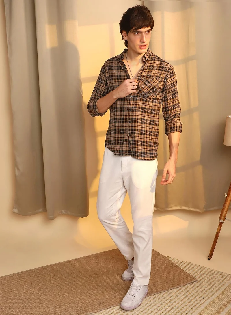 Campus Sutra Men's Tan Brown & Charcoal Black Tartan Plaid Shirt