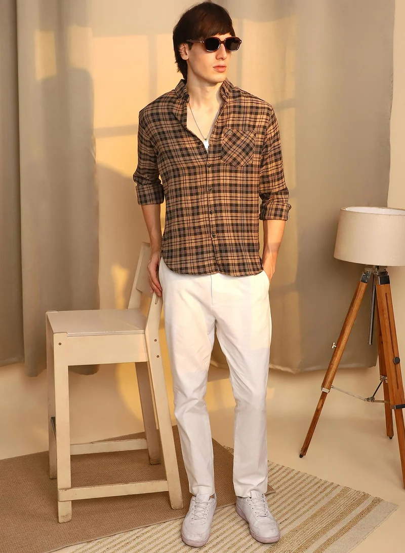 Campus Sutra Men's Tan Brown & Charcoal Black Tartan Plaid Shirt