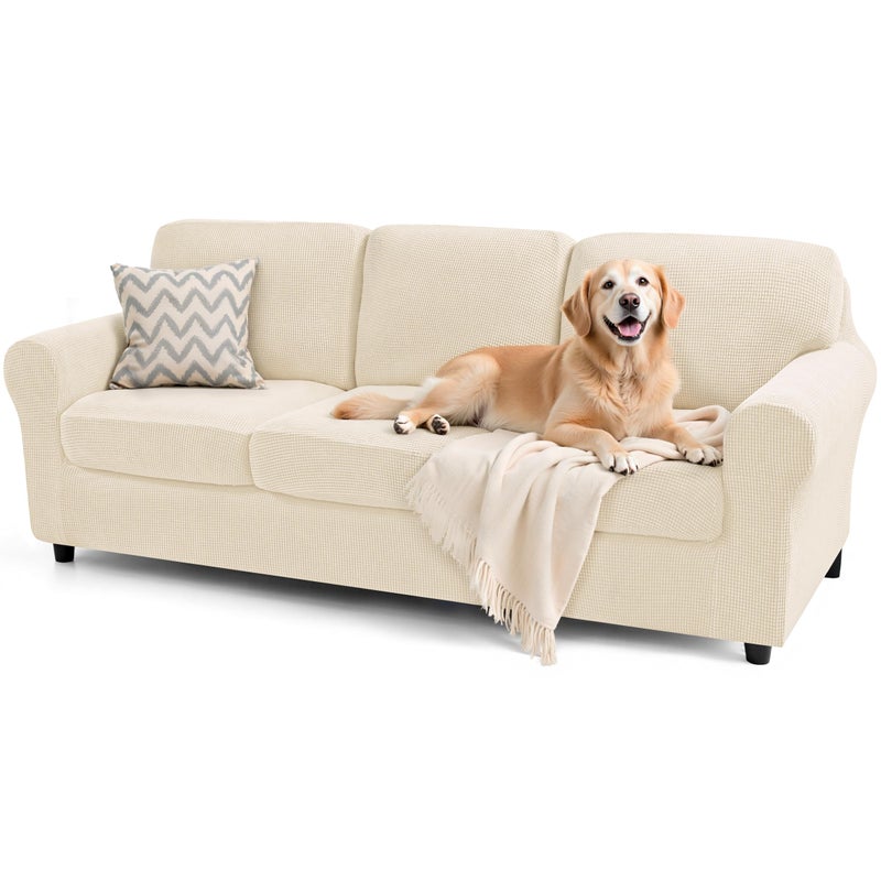 subrtex Slipcover Sets for Sofa, 7 Pieces Stretch Furniture Cover, Wear Resistant, Washable, Checkered Pattern, Ivory (Large) - Image 1