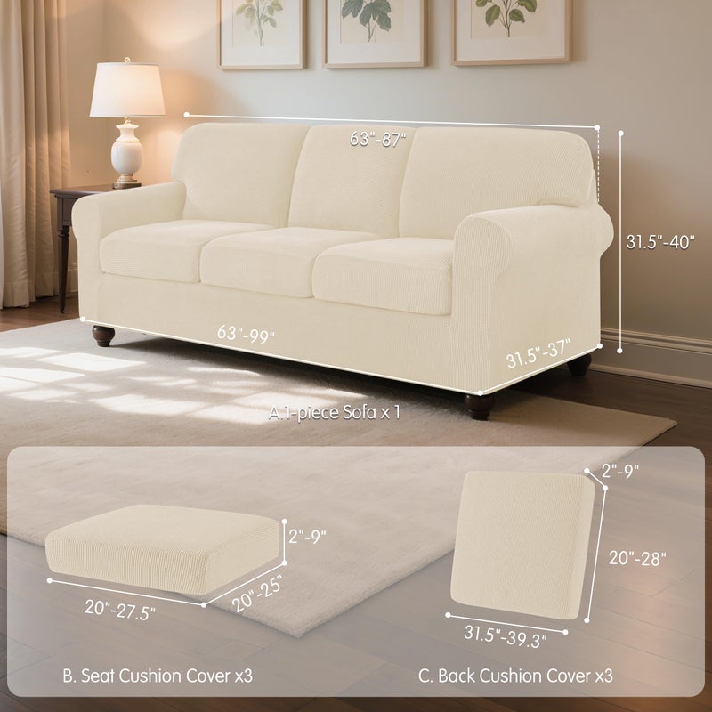subrtex Slipcover Sets for Sofa, 7 Pieces Stretch Furniture Cover, Wear Resistant, Washable, Checkered Pattern, Ivory (Large) - Image 3