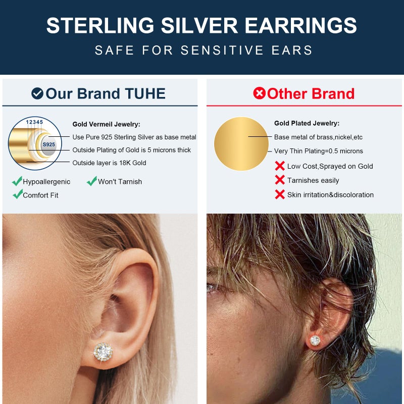 TUHE 4 Carats Moissanite Halo Earrings 8MM Moissanite Stud Earrings for Men, 18k Yellow Gold Plated 925 Sterling Silver Womens Stud Earrings D Color VVS1 Brilliant Cut Push Back - Image 3