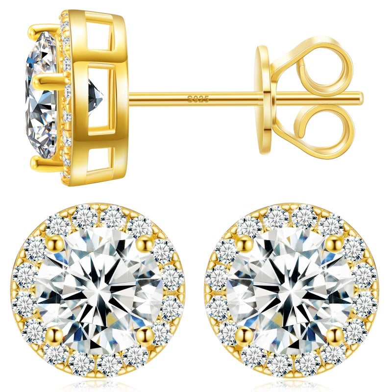 TUHE 4 Carats Moissanite Halo Earrings 8MM Moissanite Stud Earrings for Men, 18k Yellow Gold Plated 925 Sterling Silver Womens Stud Earrings D Color VVS1 Brilliant Cut Push Back - Image 1