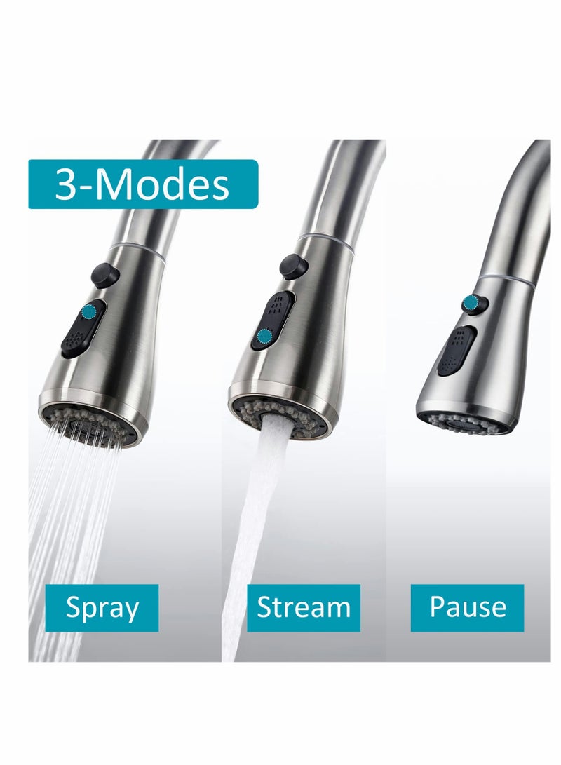 Brushed Nickel Kitchen Faucet Spray Head - 3 Modes Pull-Out Replacement, Splash-Proof  Water-Saving for Universal G 1/2 Mixer Tap - Image 3