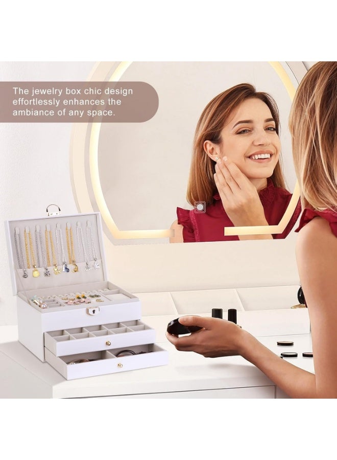 Jewelry Box Organizer for Women Girls,3 Layer Leather Jewelry Storage Box with Lock and Removable Tray,for Necklace Earrings Rings Bracelets (White) - Image 5