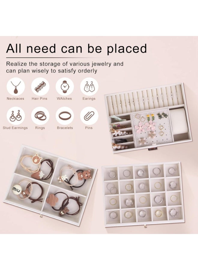 Jewelry Box Organizer for Women Girls,3 Layer Leather Jewelry Storage Box with Lock and Removable Tray,for Necklace Earrings Rings Bracelets (White) - Image 2