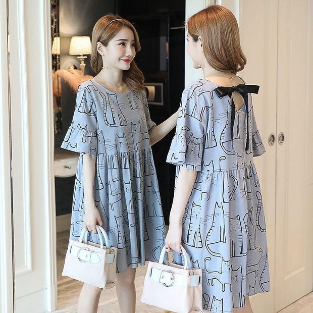 Maternity dress 2022 new summer short sleeve dress top loose plus size mid-length maternity dressCat Flower Skirt# Blue Cat Flower Skirt# Blue