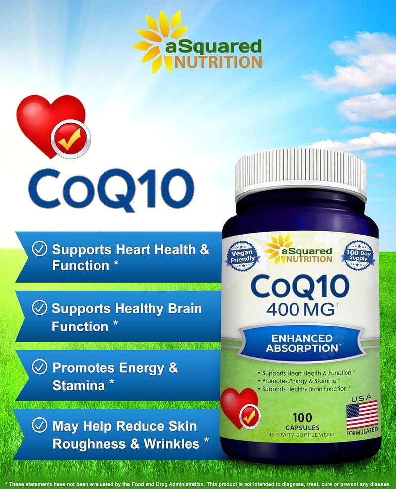 aSquared Nutrition CoQ10 400mg Max Strength 100 Veggie Capsules  High Absorption Coenzyme Q10 Powder  Ubiquinone Supplement Pills Extra Antioxidant CO Q10 Enzyme Vitamin Tablets Coq 10 400 mg - Image 2