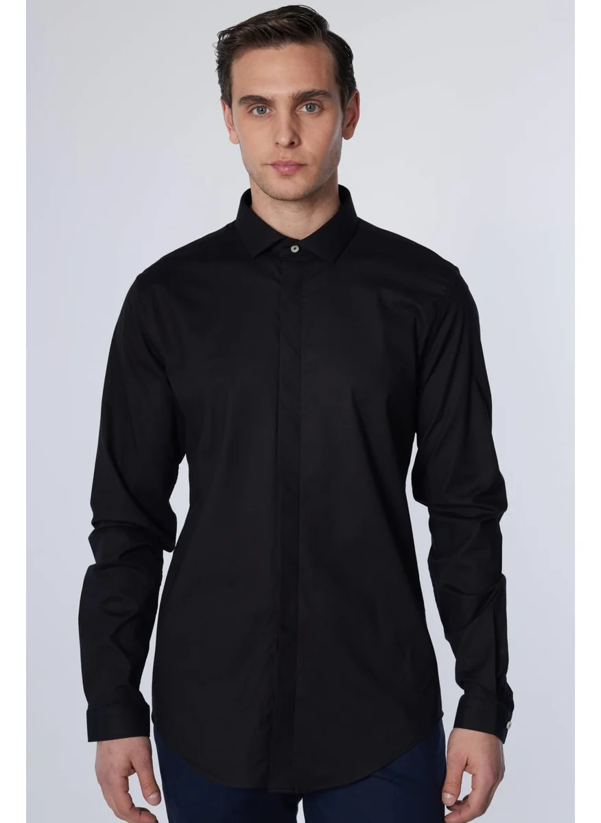 تودورس Slim Fit Long Sleeve Slim Fit Hidden Placket Cotton Black Men's Shirt