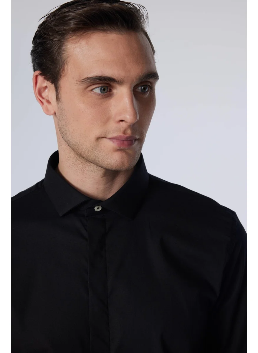 تودورس Slim Fit Long Sleeve Slim Fit Hidden Placket Cotton Black Men's Shirt