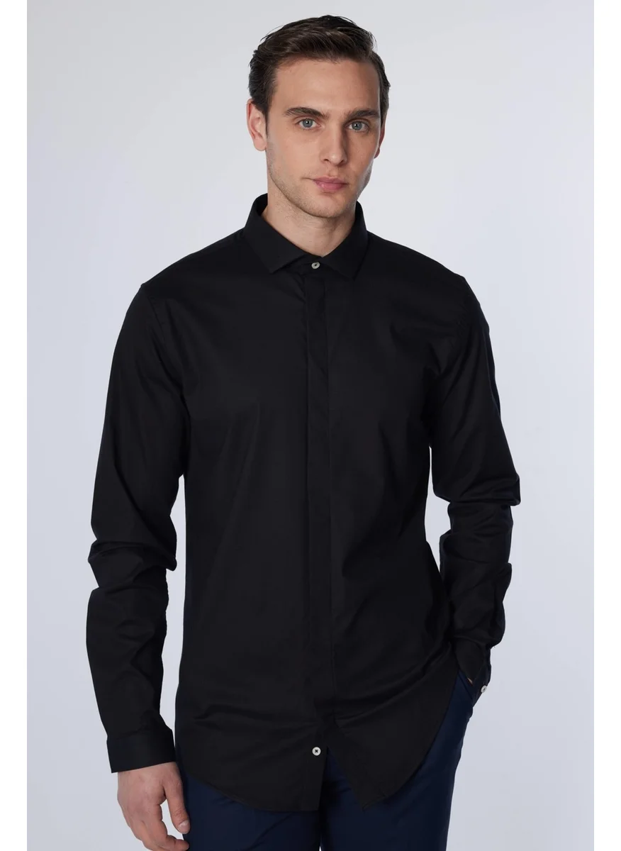تودورس Slim Fit Long Sleeve Slim Fit Hidden Placket Cotton Black Men's Shirt