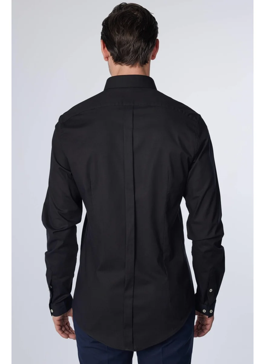 تودورس Slim Fit Long Sleeve Slim Fit Hidden Placket Cotton Black Men's Shirt