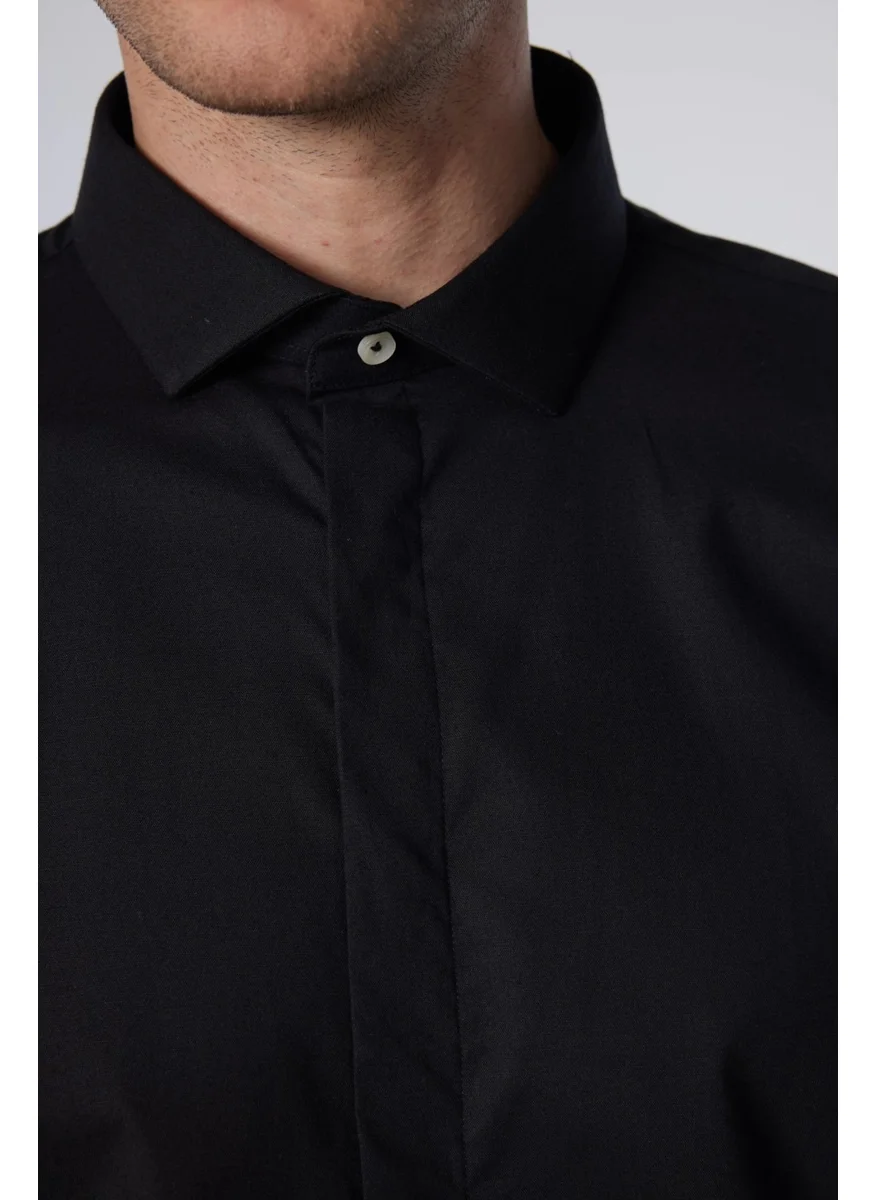 تودورس Slim Fit Long Sleeve Slim Fit Hidden Placket Cotton Black Men's Shirt