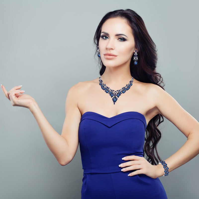 Paxuan Elegant Bridal Wedding Jewelry Set for Women / Brides / Bridesmaids Teardrop Crystal Leaf Cluster Jewelry Set for Wedding Prom Party Bridal Bridesmaids Rhinestone Crystal Necklace Earrings Bracelet Set (Sapphire Blue(Silver)) - Image 2