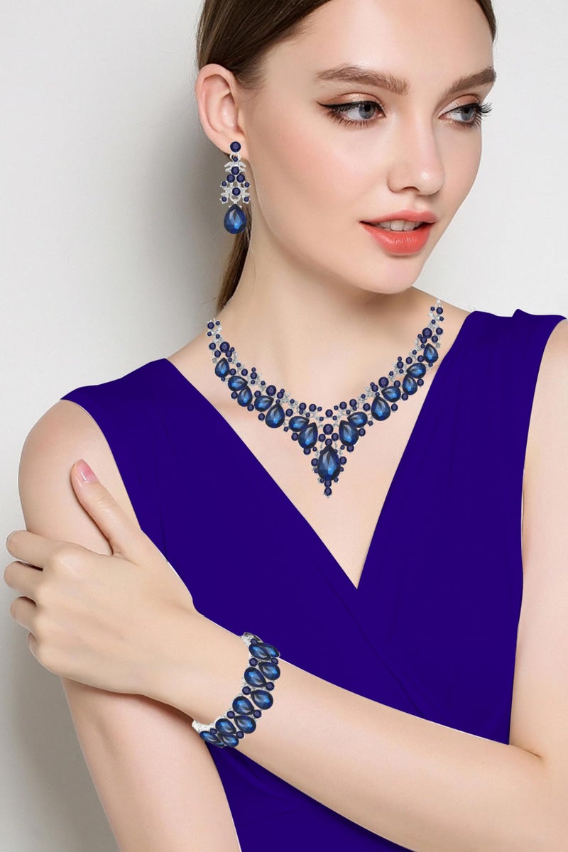 Paxuan Elegant Bridal Wedding Jewelry Set for Women / Brides / Bridesmaids Teardrop Crystal Leaf Cluster Jewelry Set for Wedding Prom Party Bridal Bridesmaids Rhinestone Crystal Necklace Earrings Bracelet Set (Sapphire Blue(Silver)) - Image 3