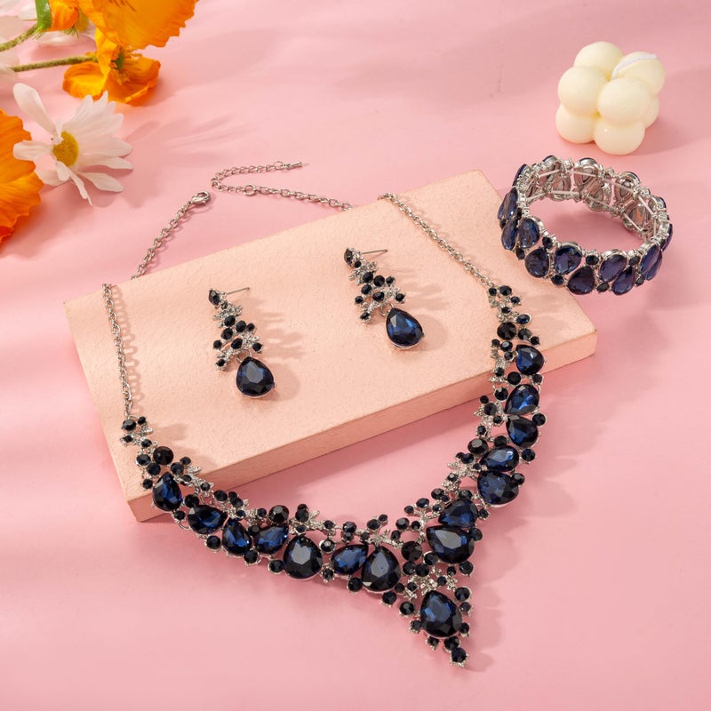 Paxuan Elegant Bridal Wedding Jewelry Set for Women / Brides / Bridesmaids Teardrop Crystal Leaf Cluster Jewelry Set for Wedding Prom Party Bridal Bridesmaids Rhinestone Crystal Necklace Earrings Bracelet Set (Sapphire Blue(Silver)) - Image 4