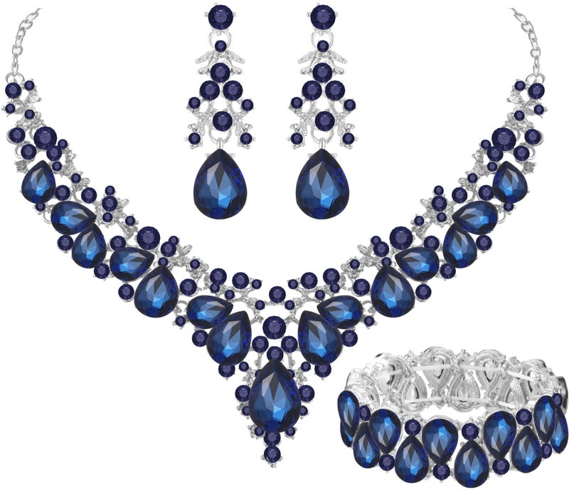 Paxuan Elegant Bridal Wedding Jewelry Set for Women / Brides / Bridesmaids Teardrop Crystal Leaf Cluster Jewelry Set for Wedding Prom Party Bridal Bridesmaids Rhinestone Crystal Necklace Earrings Bracelet Set (Sapphire Blue(Silver)) - Image 1
