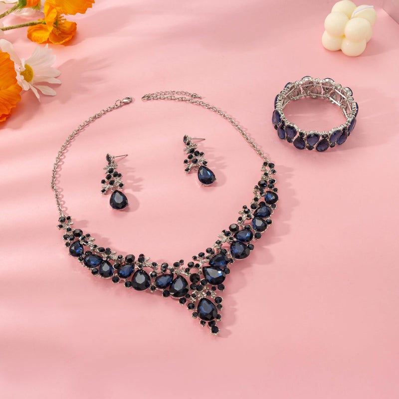 Paxuan Elegant Bridal Wedding Jewelry Set for Women / Brides / Bridesmaids Teardrop Crystal Leaf Cluster Jewelry Set for Wedding Prom Party Bridal Bridesmaids Rhinestone Crystal Necklace Earrings Bracelet Set (Sapphire Blue(Silver)) - Image 5