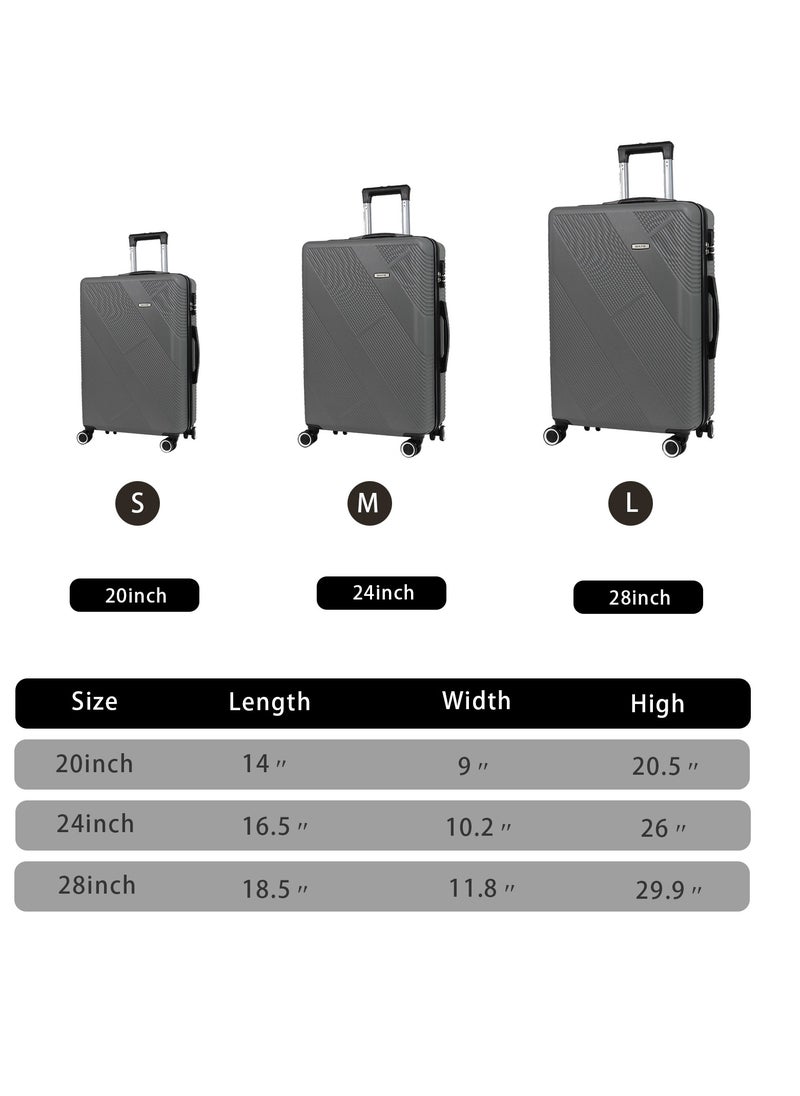 Miazib 3-Piece Hard Shell Luggage Set - Ultra Durable, Lightweight, Stylish Grey Suitcases with TSA Lock, 360° Spinner Wheels, and Expandable Design for Versatile Travel Needs